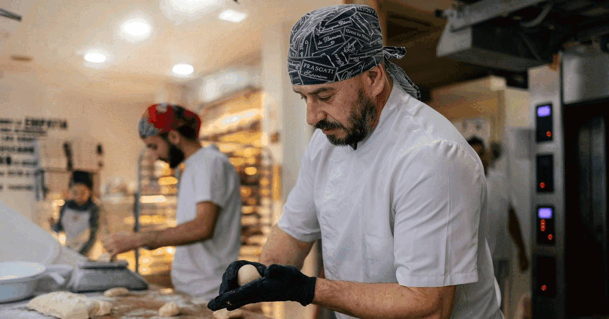 Baker hand-shaping dough rolls at a floured bench in a bakery, with other bakers and bread trays behind