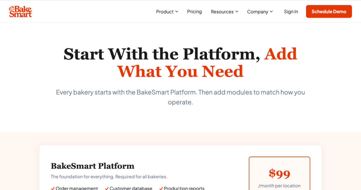 Screenshot of the BakeSmart bakery software interface