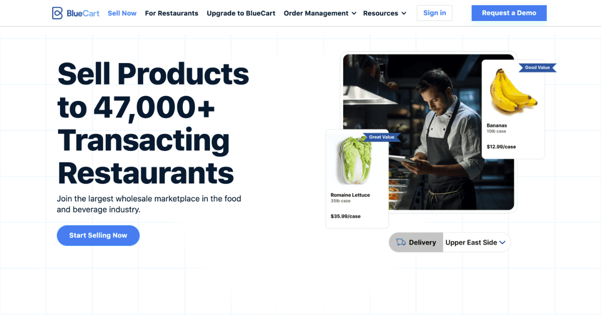 Screenshot of the BlueCart homepage advertising "Sell products to 47,000+ transacting restaurants" with a Request a Demo call to action