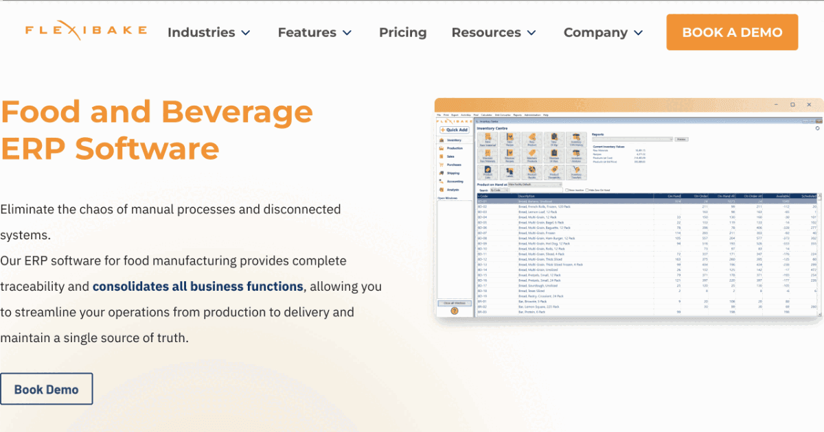 Screenshot of the FlexiBake bakery software interface