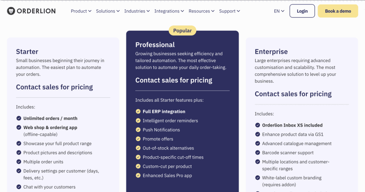 Screenshot of the Orderlion pricing page showing all three tiers labelled "Contact for pricing" with no public prices