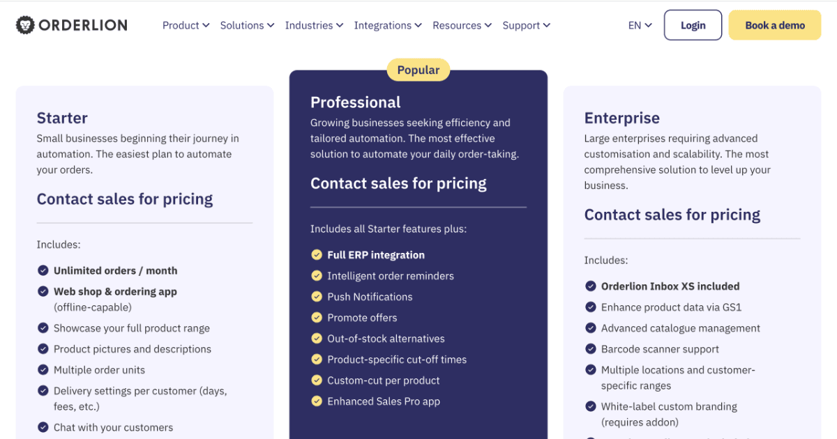 Screenshot of the Orderlion pricing page showing all three tiers labelled "Contact for pricing" with no public prices