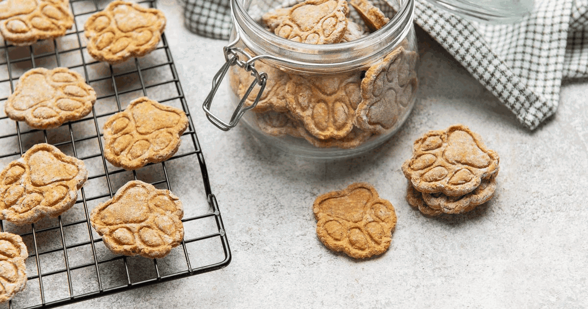 Homemade paw-print dog treats cooling on a wire rack beside a storage jar