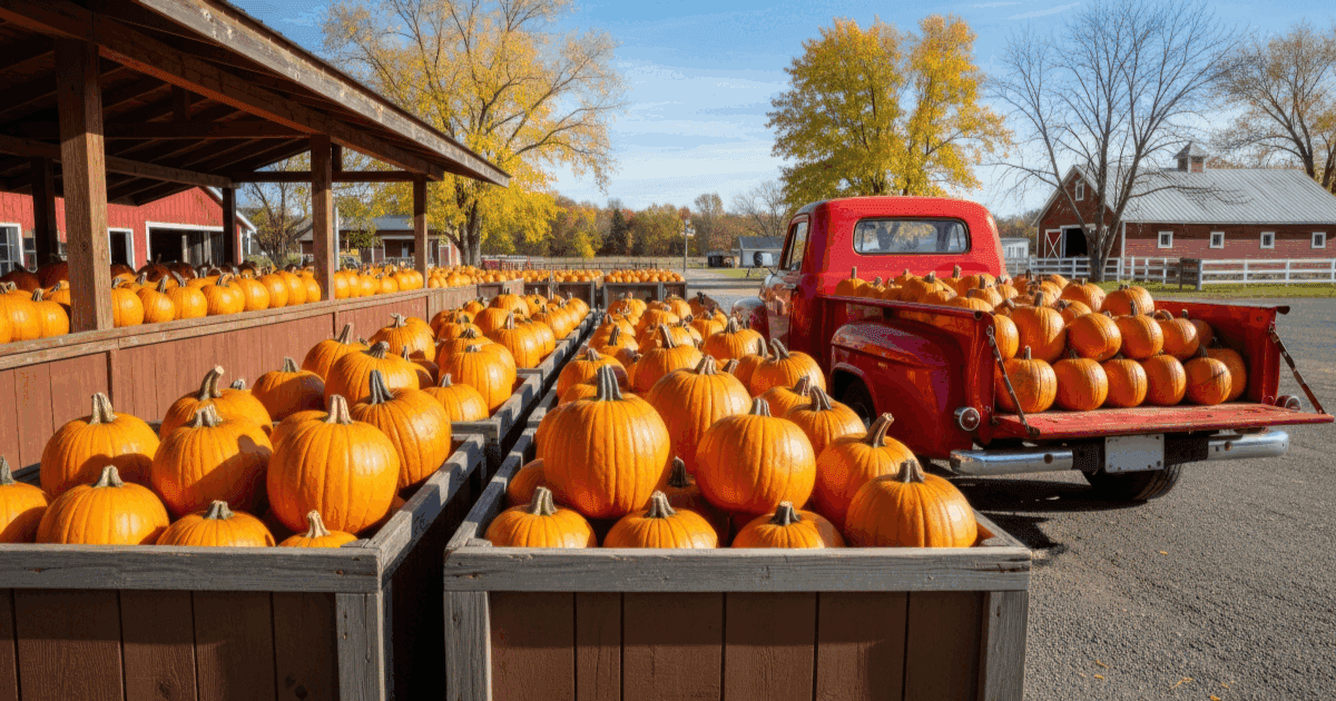 Vibrant orange pumpkins in wooden crates at a bustling farm stand with a classic red pickup truck