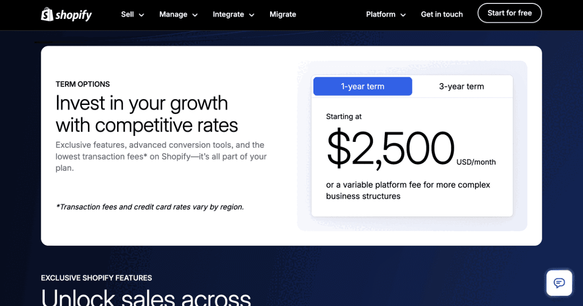 Screenshot of the Shopify Plus B2B pricing page showing enterprise pricing starting at $2,500 per month