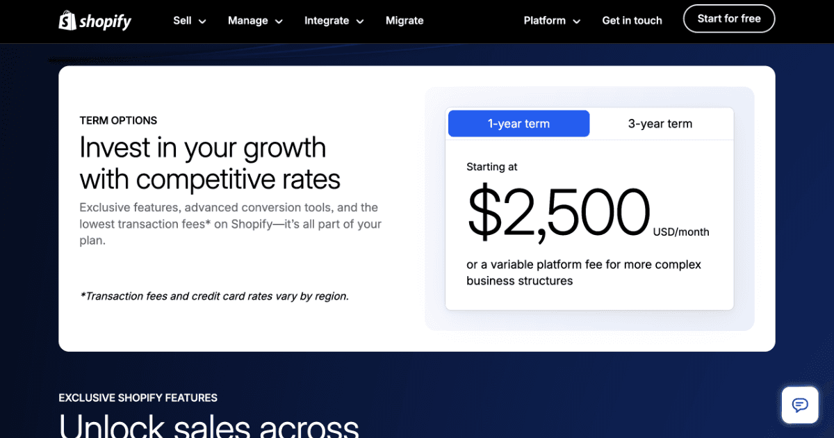 Screenshot of the Shopify Plus B2B pricing page showing enterprise pricing starting at $2,500 per month