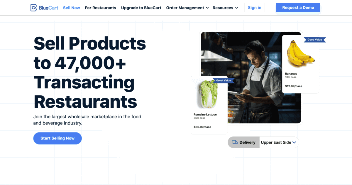 Screenshot of the BlueCart homepage advertising "Sell products to 47,000+ transacting restaurants" with a Request a Demo call to action