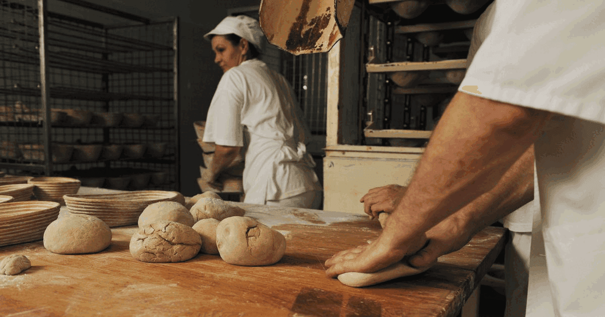 Bakers shaping dough loaves on a floured workbench in a bakery