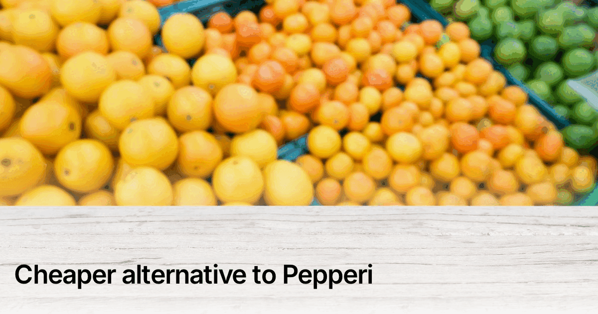 Title card reading "Cheaper alternative to Pepperi" over crates of fresh produce