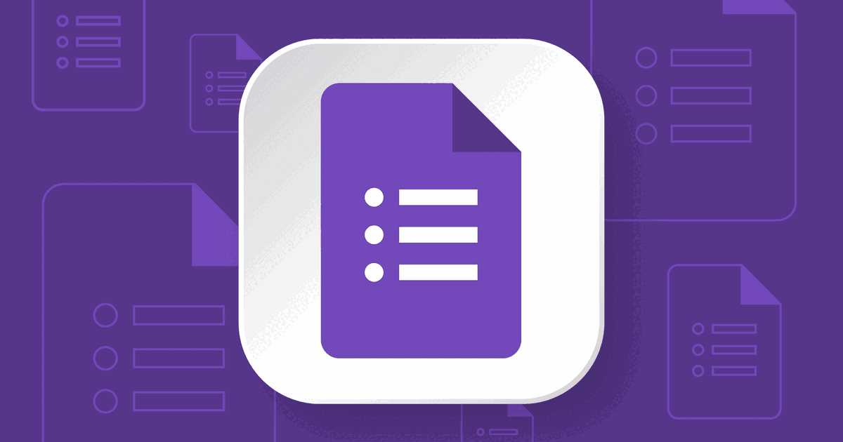 Google Forms icon on a purple background patterned with form documents